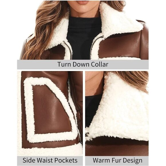 ⚡Women's Black White Fur Winter Coat Warm Thick Fur Lined Faux Leather Jacket - Picture 5 of 6